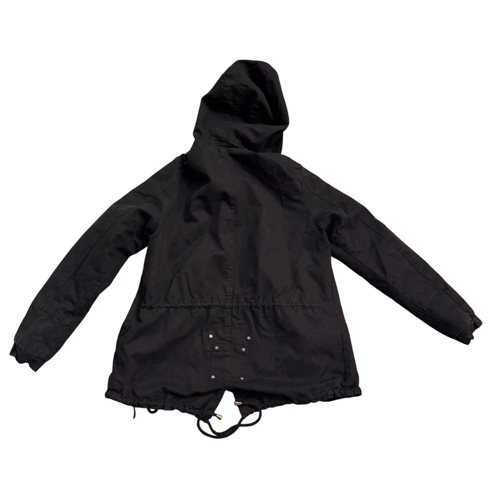 OSLEY Adjustable Black Cotton Blend Jacket w/ Rainbow Faux Fur Hood‎ Size 38